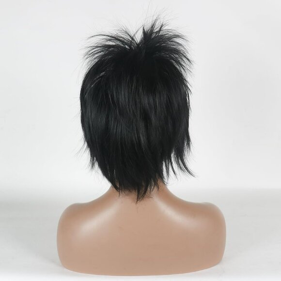 Short Black Wavy Wig with Bangs Bun Hair Clip Pre-styled Gothic - Picture 5 of 5